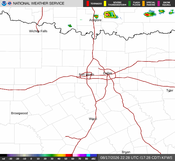 Latest National Weather Service radar for North Texas (KFWS radar). Source: radar.weather.gov.