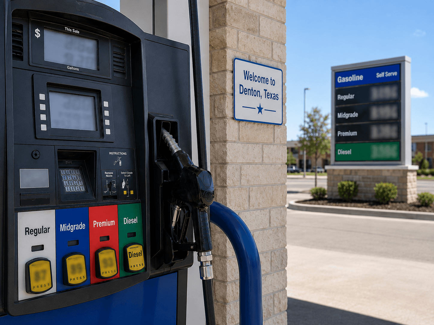 Gas prices at the pump in Denton Texas - Illustration by Jake Team LLC